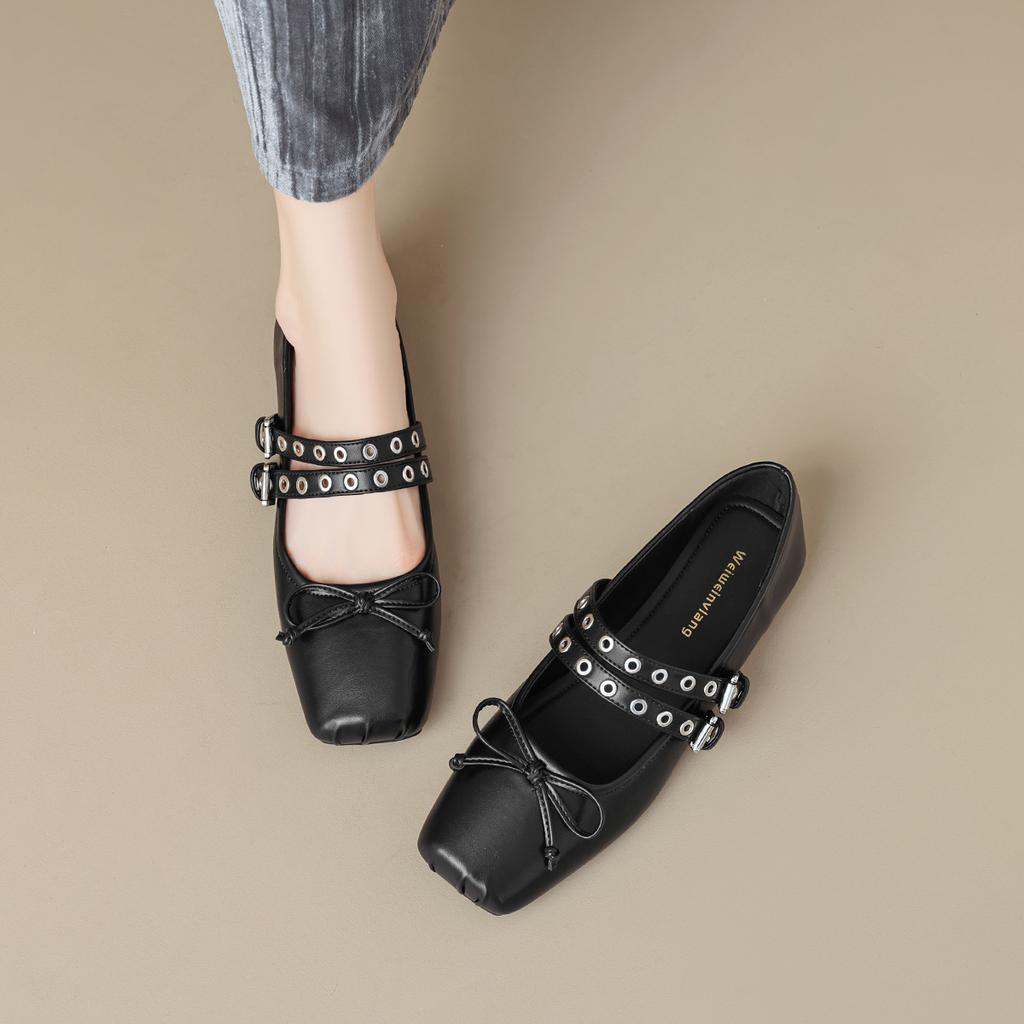 Weiwei Women's 1516-16 Square Head Single Shoes Women's Flat Bottom Shallow Mouth Bow Soft Sole Ballet Shoes with Mary Jane