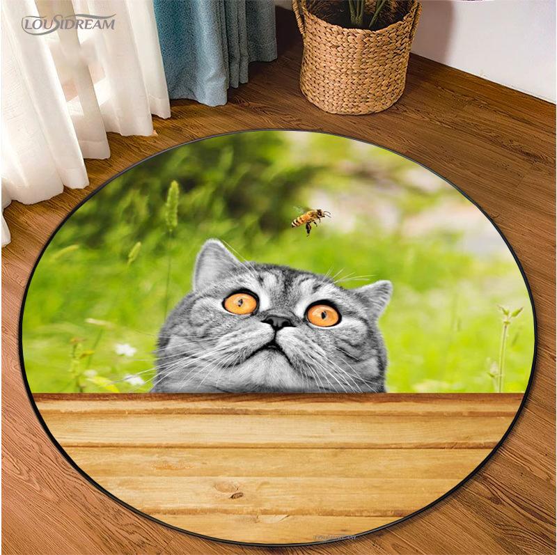 Cute Dog Cat Cartoon Round Area Rug Carpet for Living Room Bedroom Table Kid Play Un-slip Floor Mat Decor Tapete Peludo Alfombra