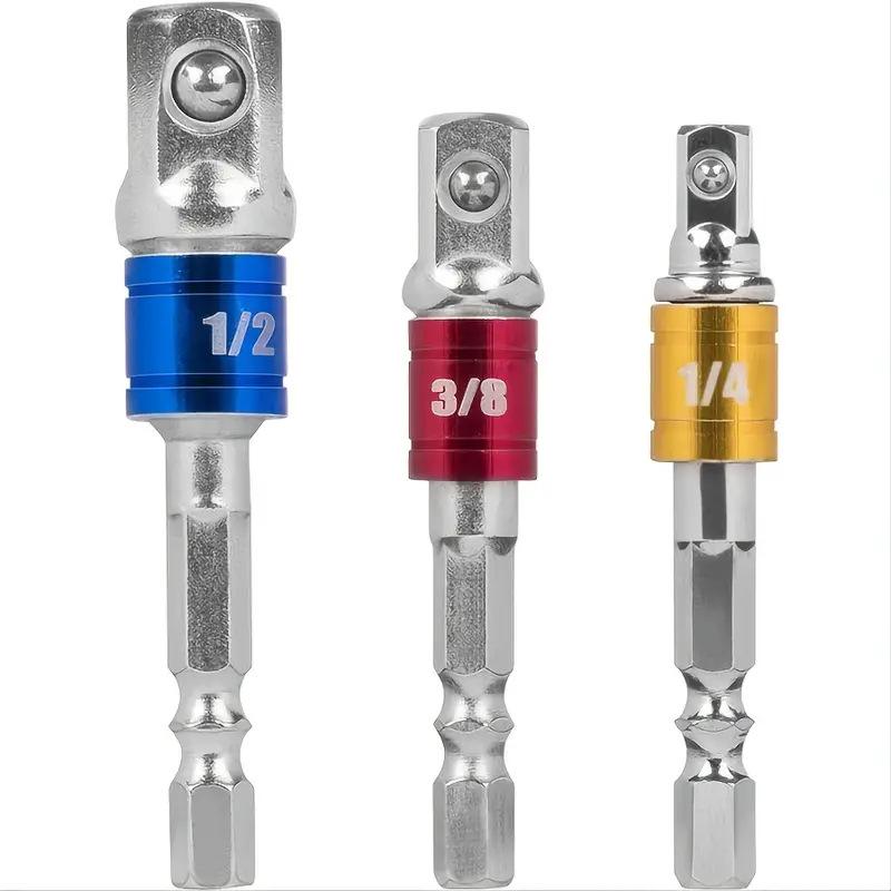 3-Piece Nickel-Plated Steel Ball Extension Rod Set for Electric Drill To Wrench Conversion.