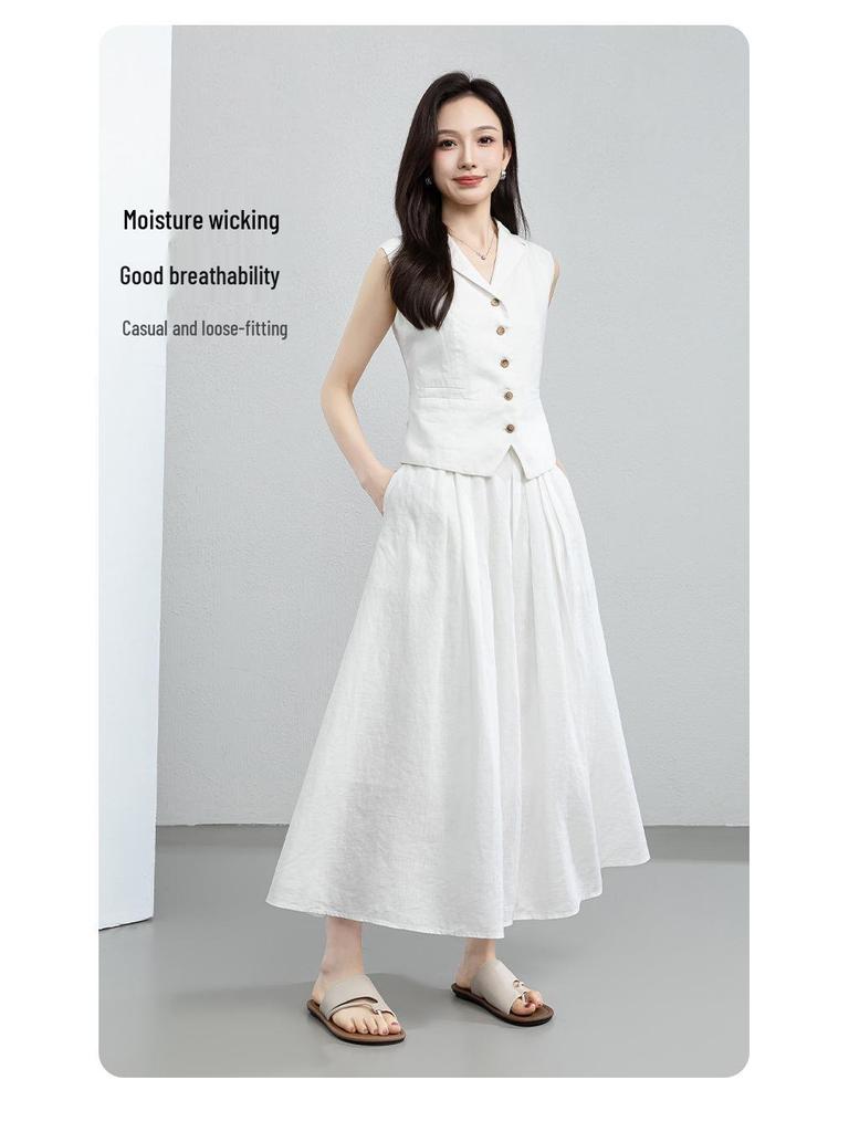 Xin Ge Stylish Black Sleeveless Suit Vest & Pleated Linen Skirt Set