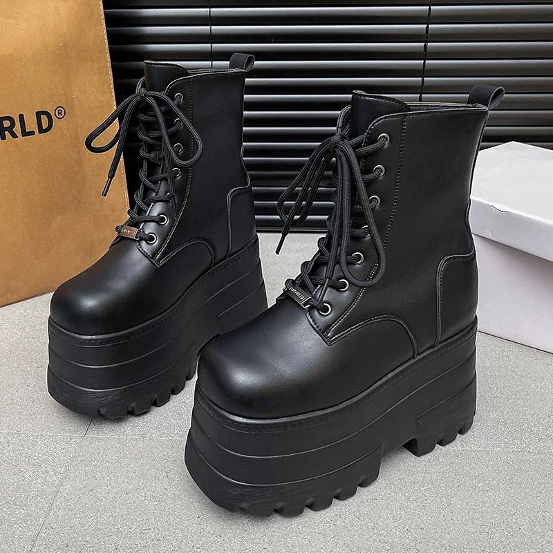 Women 13 CM Platform Boots Casual Outdoor Shoes Chunky Simple Lace Up Design Ankle Boots Cool Nightclub Party Black Shoes 35-43