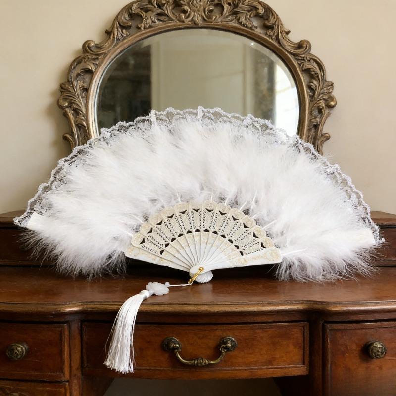 Lace Fan Folding Retro Feather Fan Elegant Decor For Dance Cheongsam Stage Show Party Lady Home Ornament