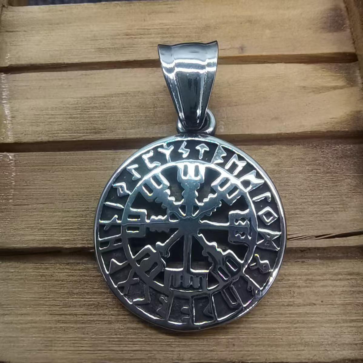 Men s Stainless Steel Double-Sided Compass Necklace with Viking Rune Pendant