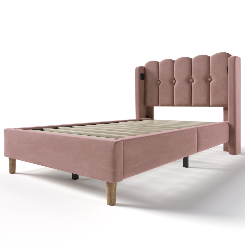 Upholstered Bed Single Bed with USB Type C Charging Function, Bed Frame with Slatted Frame, in Pink, 90 x 200 cm Youth Bed - Velvet (With Mattress)