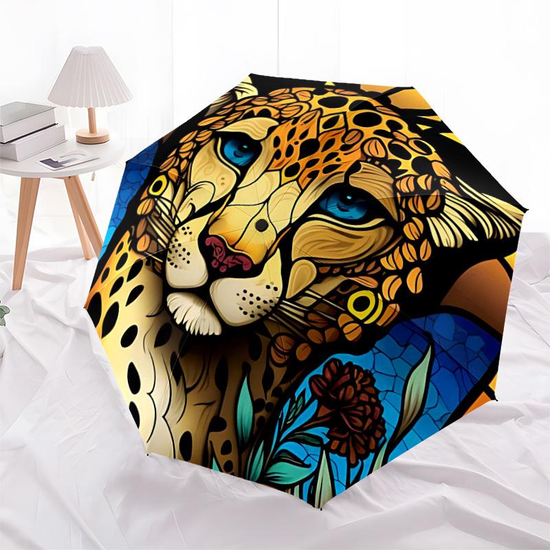 1PC Cheetah StainedGlass Automatic Folding Umbrella - Compact 8-Rib Design, Durable Plastic & Iron, Lightweight for Outdoor Daily Use, Festive Gift046