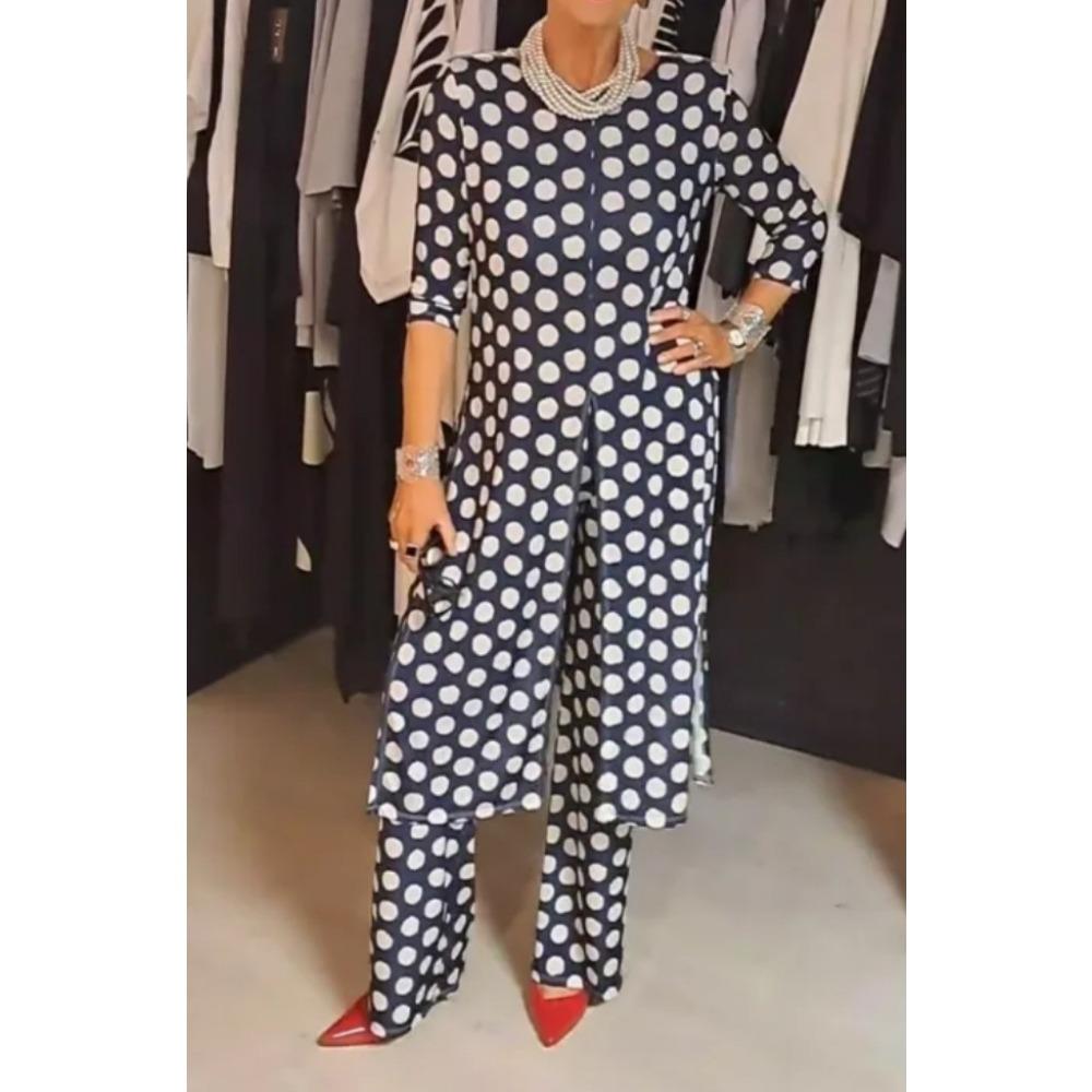 New Trendy Round-neck Long-sleeved Split Polka Dot Long Pants Casual Suit for Women