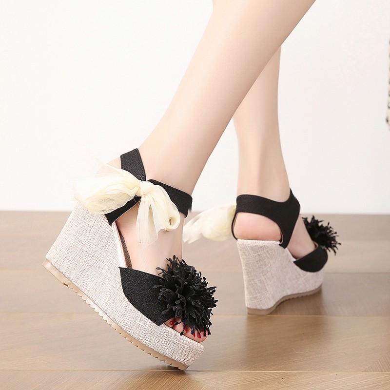 Fashion Sandals Women's Floral Pattern Bowknot Decor Platform Wedge Espadrilles Platform Bow High Heels Women's Slippers Shoes