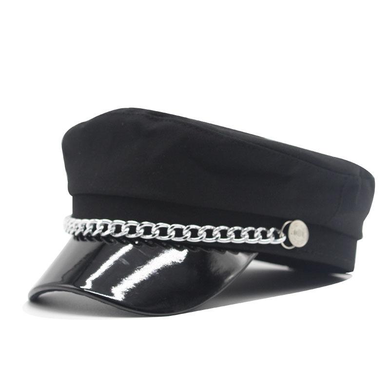 Internet Celebrities Ins Black Pu Hat Ladies Trendy Hat Chain Leather Stitching Navy Hat Curved Brim Octagonal Hat