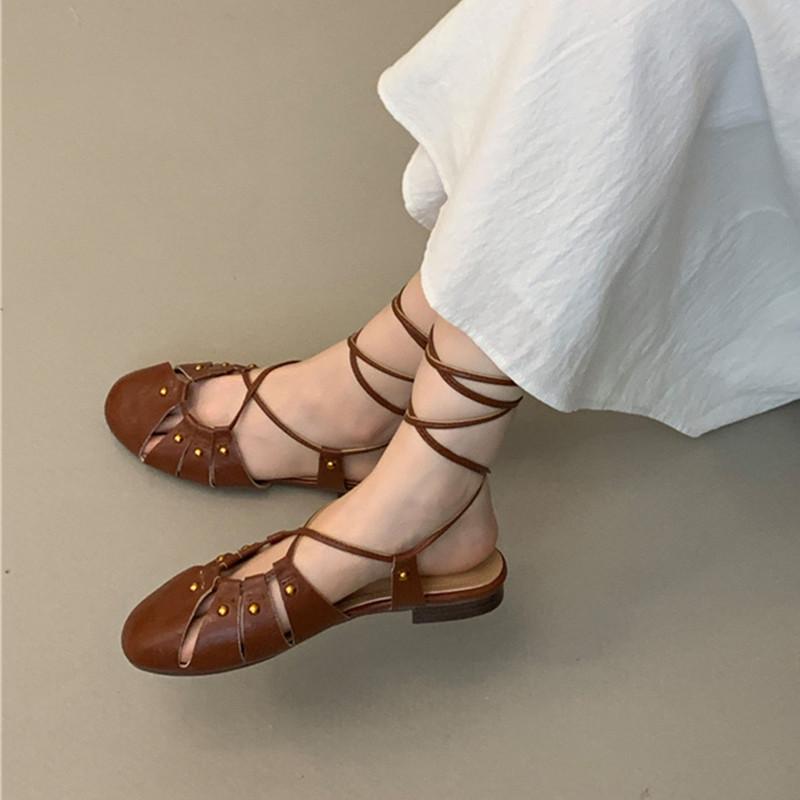 Fashion Bailamos Autumn Women Sandals Fashion Close Toe Lace Up Ladies Elegant Sandals Soft Flats Outdoor Dress Slingback Shoes