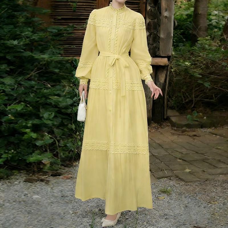 ZANZEA Women Casual Round Neck Long Sleeve Lace Patchwork Long Dress
