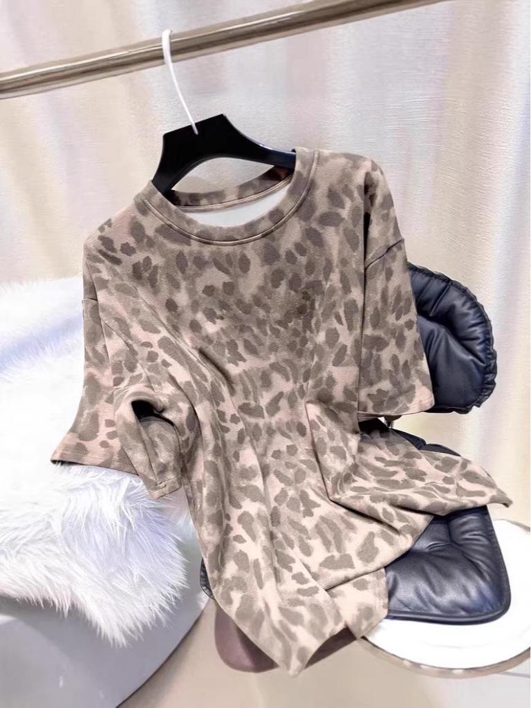 Leopard Print Loose Korean Style Short Sleeve Women's Top
