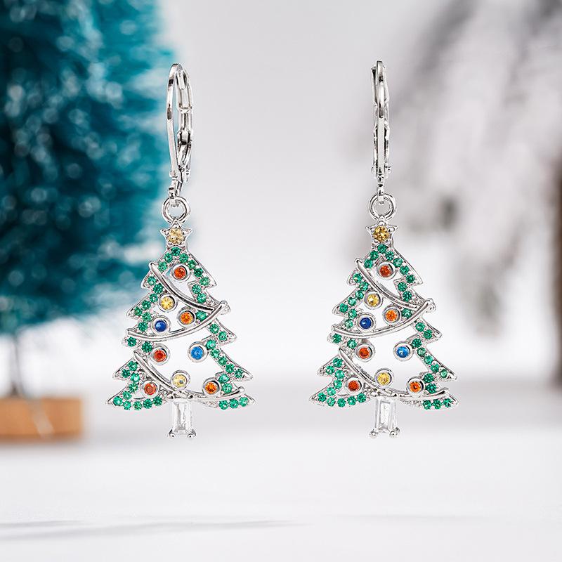 Line hollow Christmas tree earrings female, wax inlaid zircon colored jewelry Xiaohongshu live Christmas jewelry