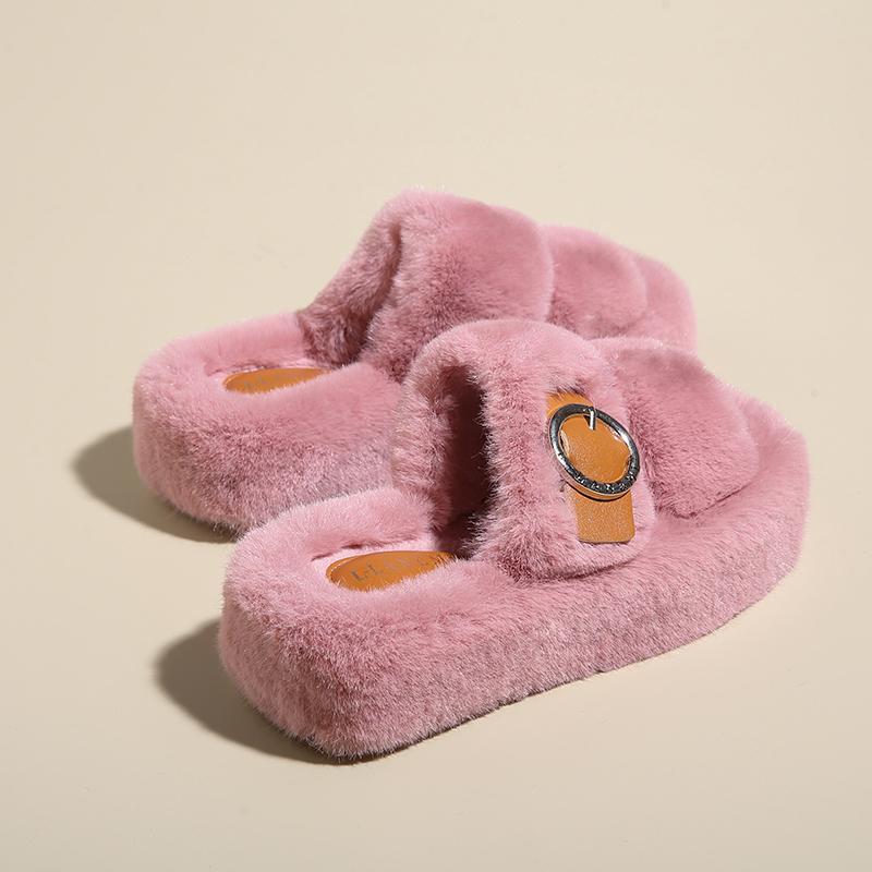 Fashion Plus Size Women's One Word Buckle Fashion Fluffy Slippers Wear Outside Versatile Cotton Mops