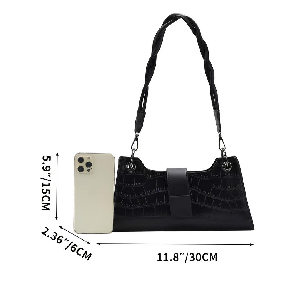 Black Crocodile Pattern Shoulder Bag for Women - Adjustable Strap, Magnetic Closure, Retro Style, Sleek Design with Golden-Tone Hardware