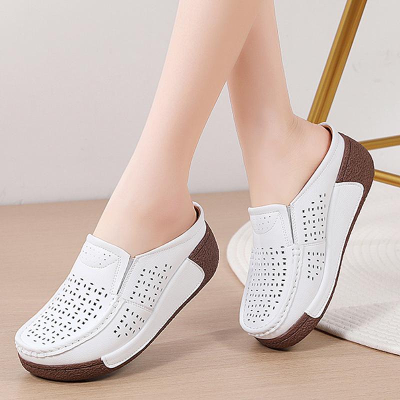 Women PU Leather Platform Slippers Hollow-out Fashion Casual Shoes Wedge Heels Casual Loafers Elegant Mother Shoes