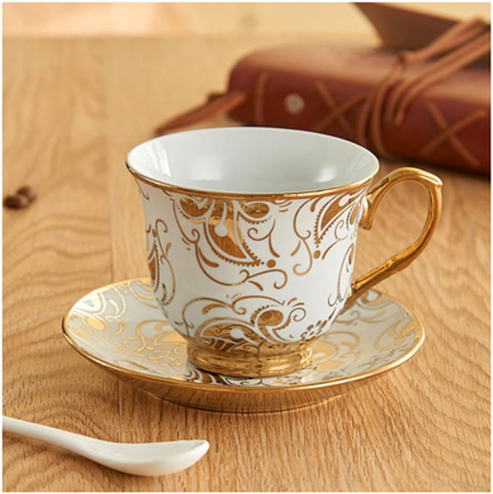 Luxurious 220ml Gold-Plated Porcelain Coffee Cup & Saucer Set with Spoon – Elegant Floral Design