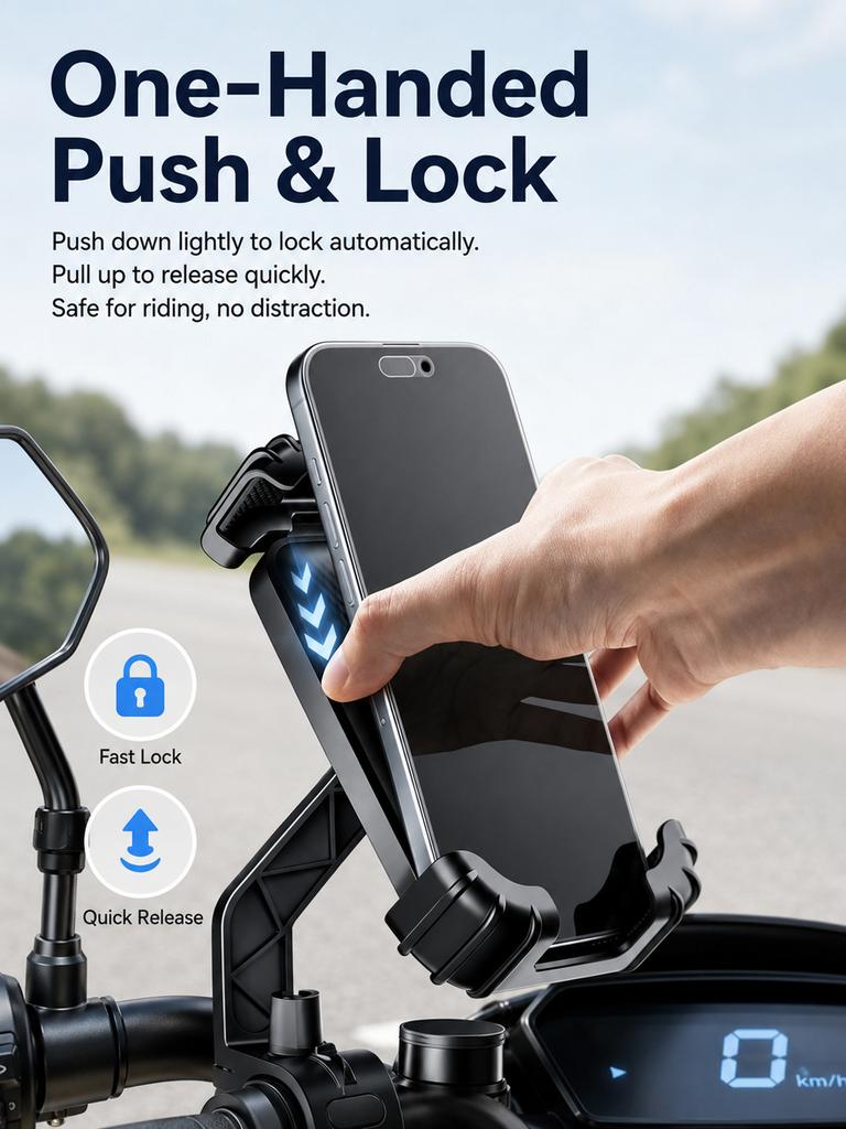 Motorcycle Phone Mount, One-Handed Anti-Shake Bike Holder, Universal Fit for Electric Scooter & Motorbike