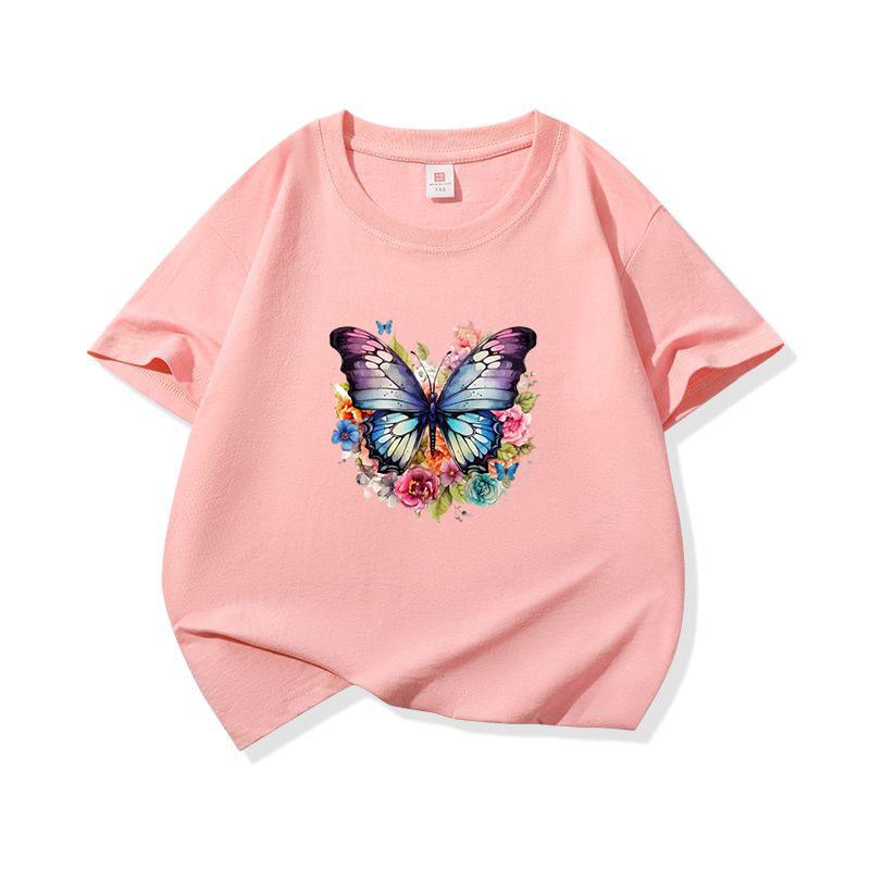Kids Cotton T Shirt Colorful Floral Watercolor Butterfly Print Crew Neck Short Sleeve Tee Casual Boys Girls Summer Tops