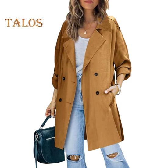 Fall Spring Women Windbreaker Turn-down Collar Notch Collar Double-breasted Loose Overcoat Mid Length Solid Color OL Commuting Coat Hiking Coat