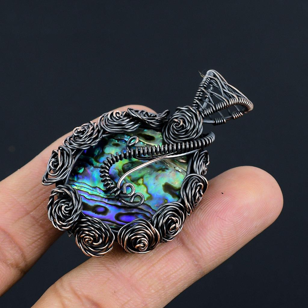 Abalone Shell 999 Copper Wire Wrapped Pendant, Handmade Gemstone Pendant Jewelry, Gifts For Wife Brand New Pendant