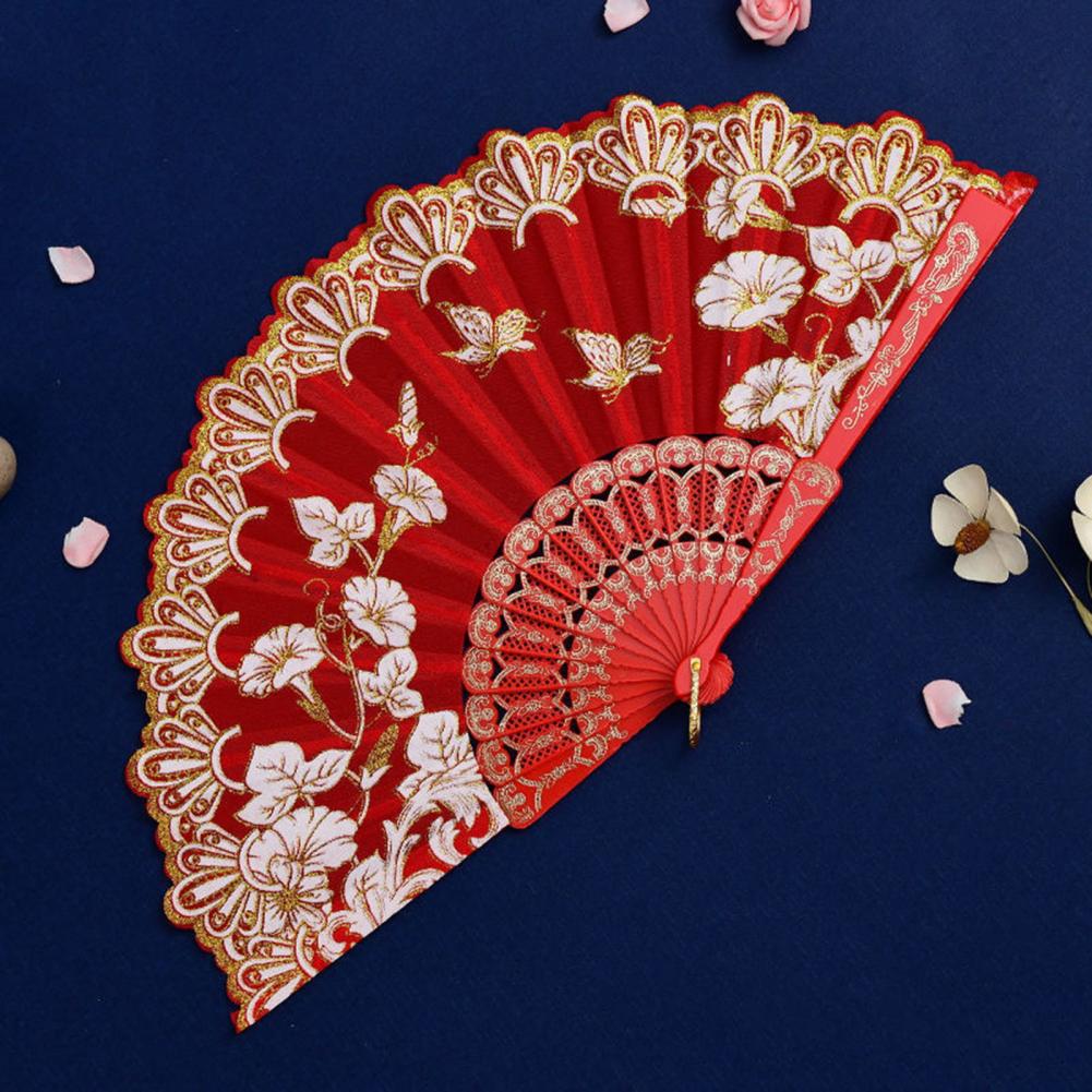 Handheld Fan Vintage Style Bright Color Flower Pattern Cloth Retro Chinese Style Folding Fan Photography Prop