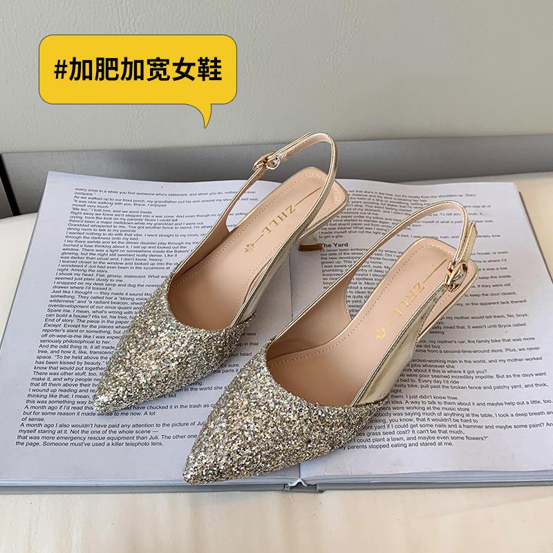 

Pointed head shallow mouth high heel single shoes sequined empty wedding banquet bride shoes fattened and widened women s shoes 35 золотой
