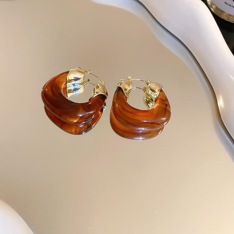 Vintage Maillard Coffee Silver Needle Earrings Fashion Versatile Niche Hong Kong Style Earrings Light Luxury Premium Autumn and Winter Earrings
