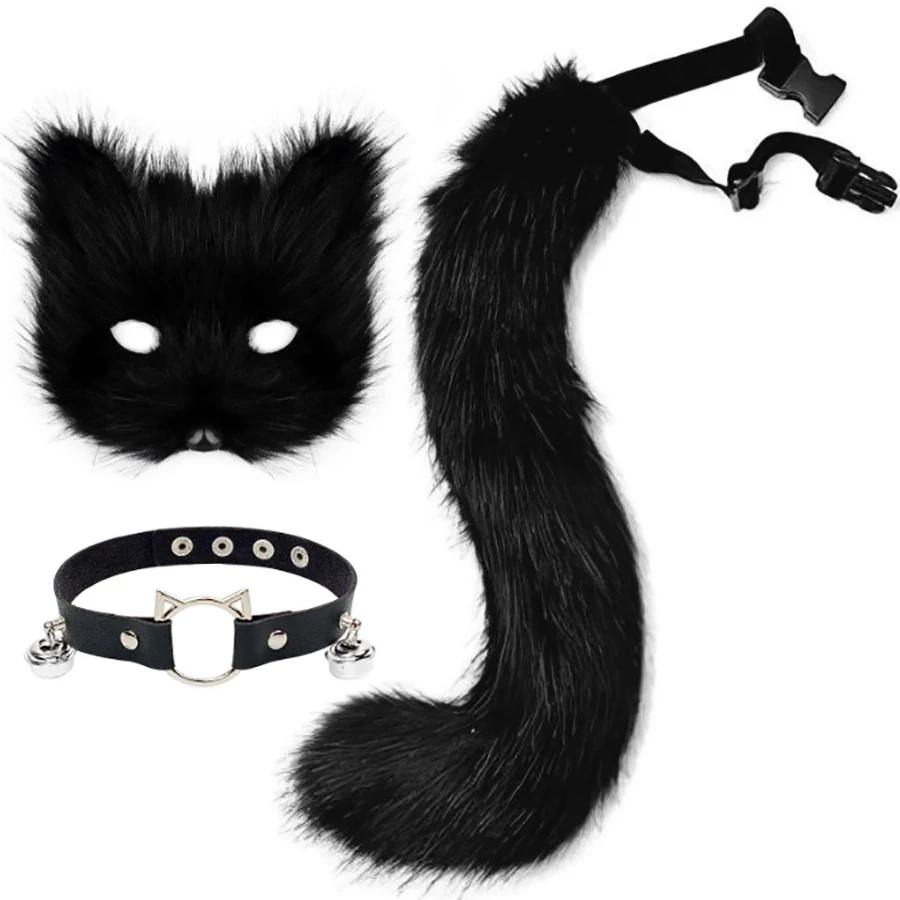 Faux Fur Fox Mask Wolf Cat Fluffy Tail and Leather Necklace Set Halloween Party Cosplay Costume Accessory