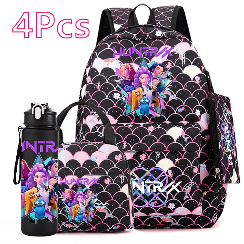 4 Adet/set KPOP Sırt Çantası El Çantası Kalemlik 750Ml Matara Genç Erkek Kız İçin Büyük Kapasiteli Kitap Çantası Karikatür Baskılı Okul Çantası Mochila