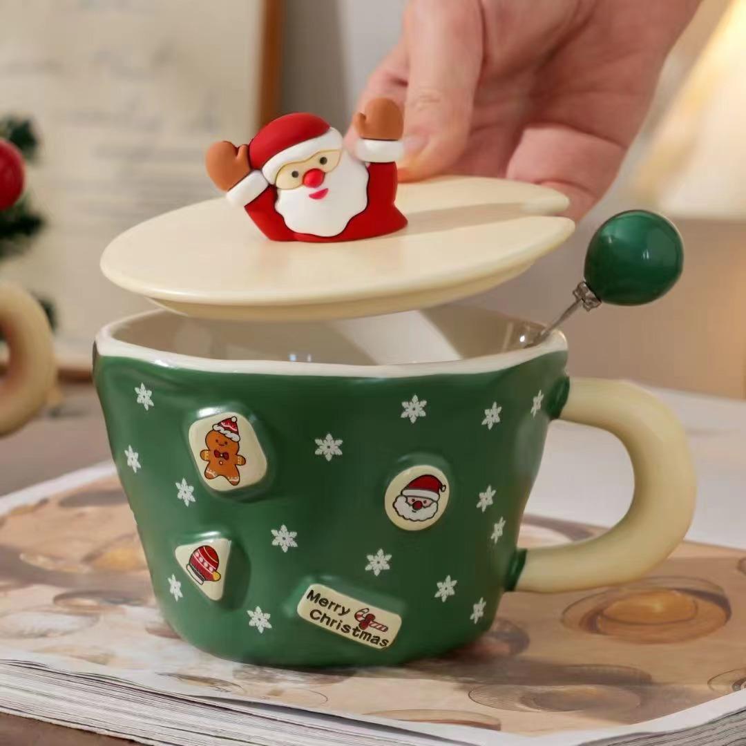 

Creative Red and Green Santa Claus Ceramic Coffee Cup Home Breakfast Milk Tea Cup Cartoon Cute Snowman Mug with Lid Office Mug 301-400ml зелёный
