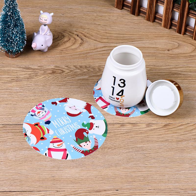 5Pcs/set Merry Christmas Round Cup Mat Table Placemats Coaster Anti-slip Kitchen Cushion Romantic Wedding New Year Party Pad