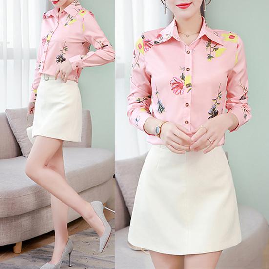 Slim Large Size Floral Fit Print Lapel Casual Button Long Sleeve Shirt Blouse