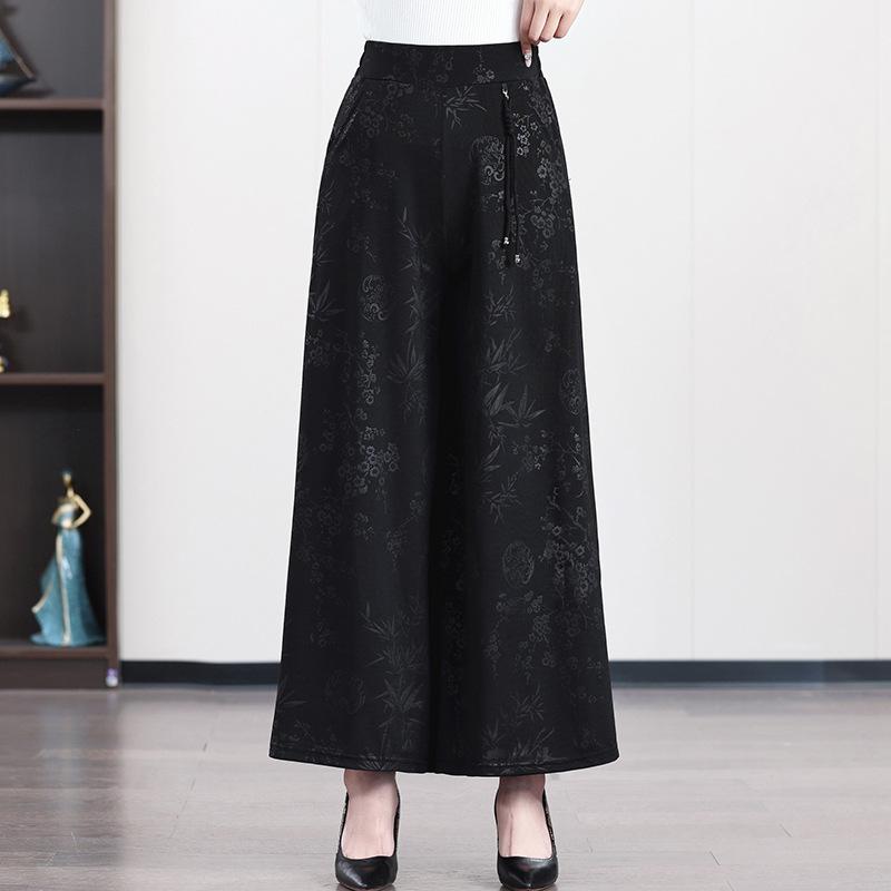 Middle Aged and Elderly Women's Wide Leg Pants Summer Loose Chinese Style Pants Retro Printed Skirt Pants