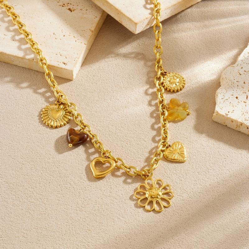 Gold Multi Charm Necklace For Women Stainless Steel Heart Flower Butterfly Pendant Fashion Jewelry