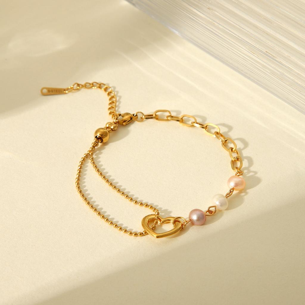Vintage Heart Pendant Bracelet For Women Pearl Jewelry Titanium Steel Accessory