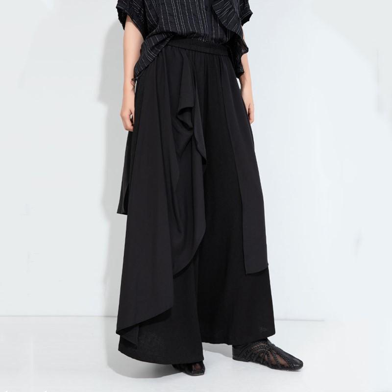 Black vintage plus size Summer High Waist wide leg Skirt Pants Women Loose Casual Trousers