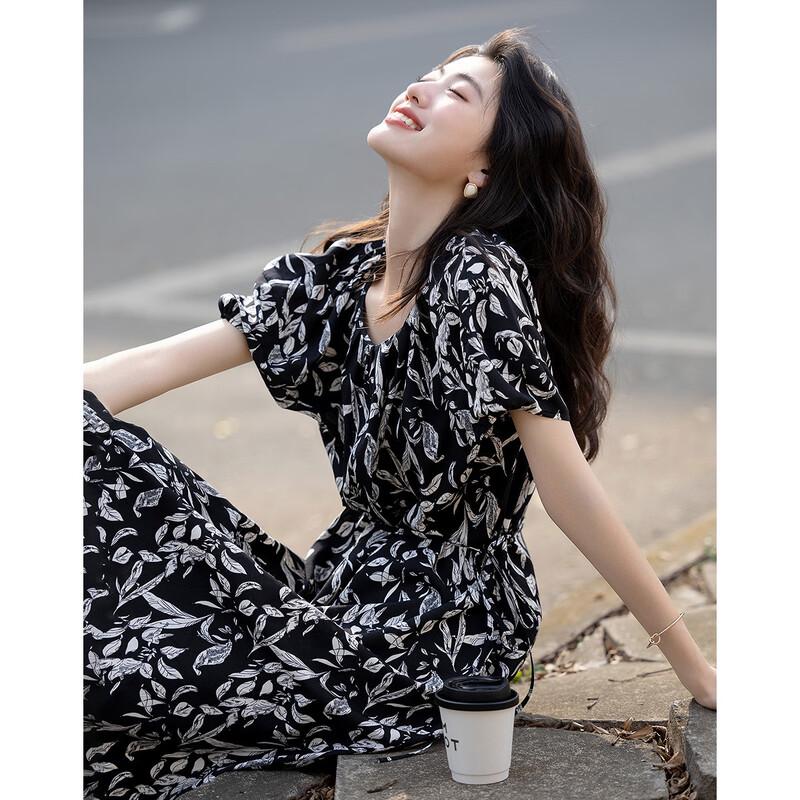 Demana Elegant Floral Print Round Neck Tie-Back Mid-length Dress S