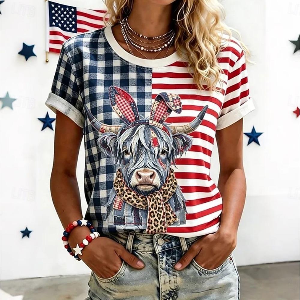 American Independence Day Women's T Shirt Print Graphic Flag Tie Dye Stylish Classic Casual Short Sleeve V Neck Regular Tops