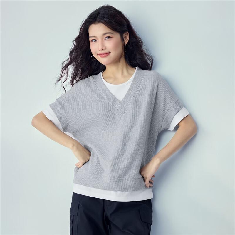 Giordano Women's Waffle Knit Color Block Short Sleeve T-Shirt