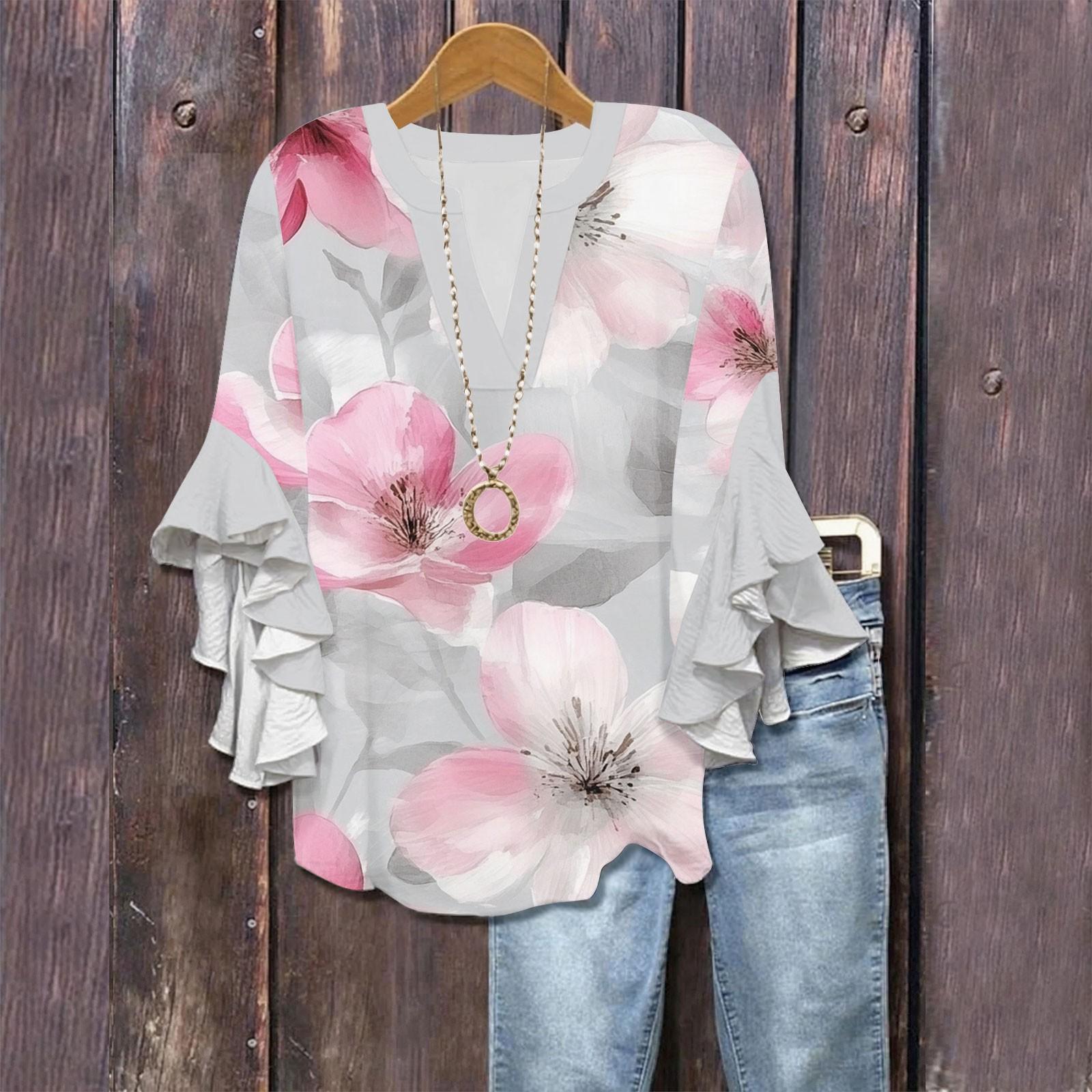 

3/4 Sleeve Shirts For Women Cute Print Graphic Tees Blouses Casual Plus Size Basic Ruffled Sleeve Tops Pullover S