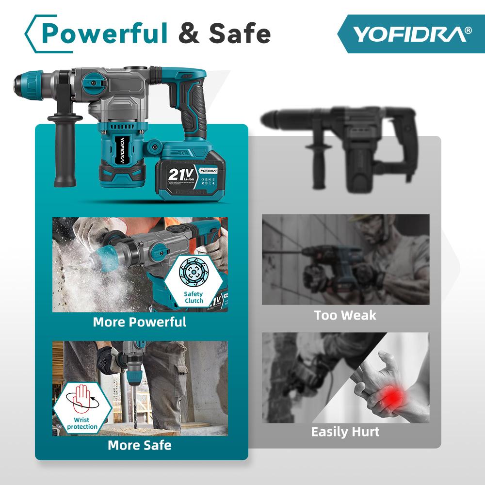 YOFIDRA Brushless 26MM Electric Hammer Impact Drill 8000IPM Multi-Screwdriver Rotary Drilling Tool For Makita 21V Battery Pin