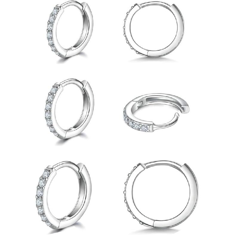 3 Pairs 925 Sterling Silver Small Hoop Earrings for Women Men | Cubic Zirconia, 14K White Gold Plated Huggie Hoop Earrings, Hypoallergenic