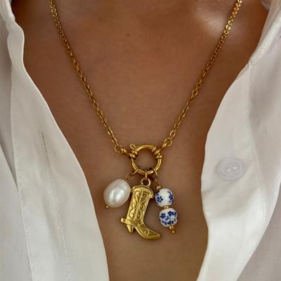 ZAKOL Vintage New Chinese Style Freshwater Zircon Shoe Shape Pendant Necklace Exquisite Birthday Zircon Gifts