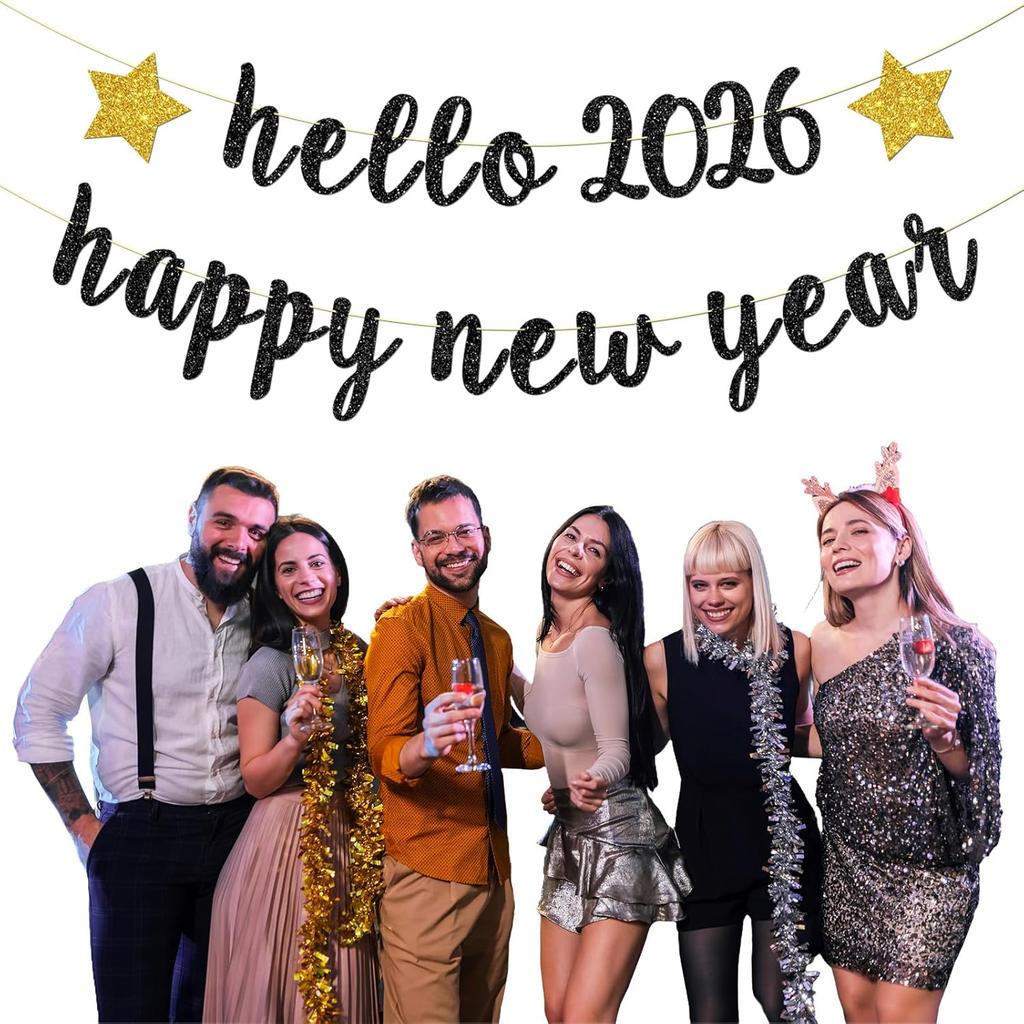 Hello 2026 Banner, Home Office Celebrations Party Decorations Happy New Year Party Hanging Sign New Year's Eve Bunting Supplies Black Glitter