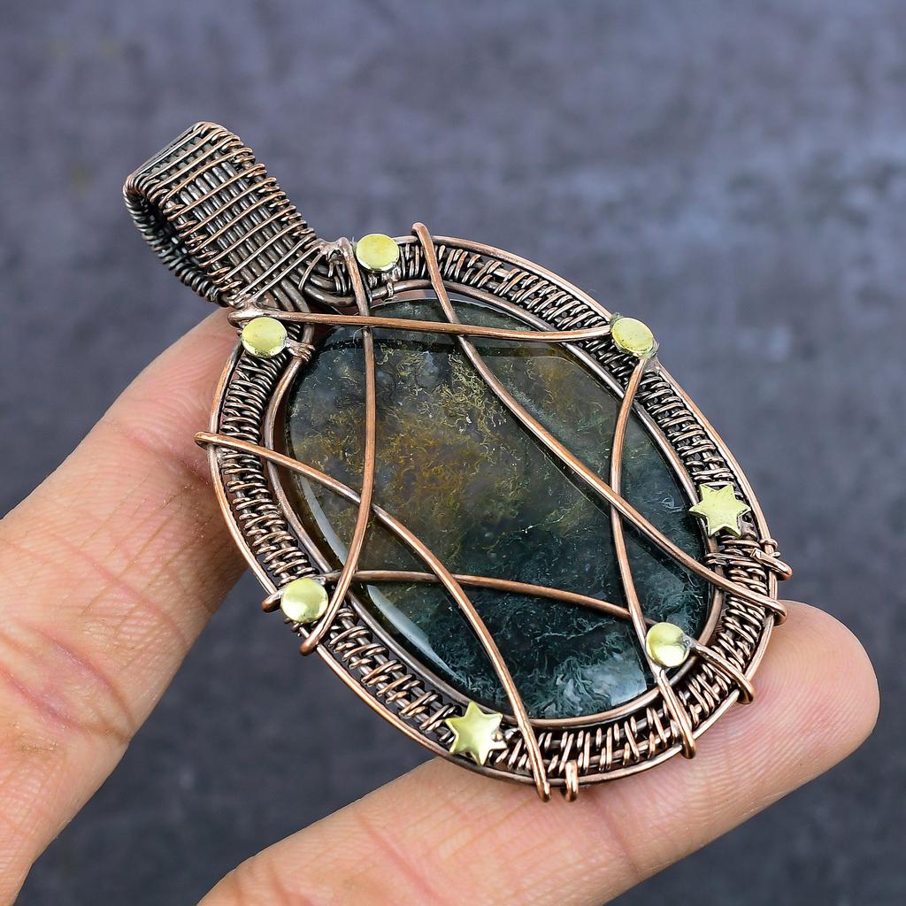 Pierre Précieuse Agate Mousse Naturelle Fait Main Cuivre Eire Wrap Bijou Pendentif 2.99" D9W85