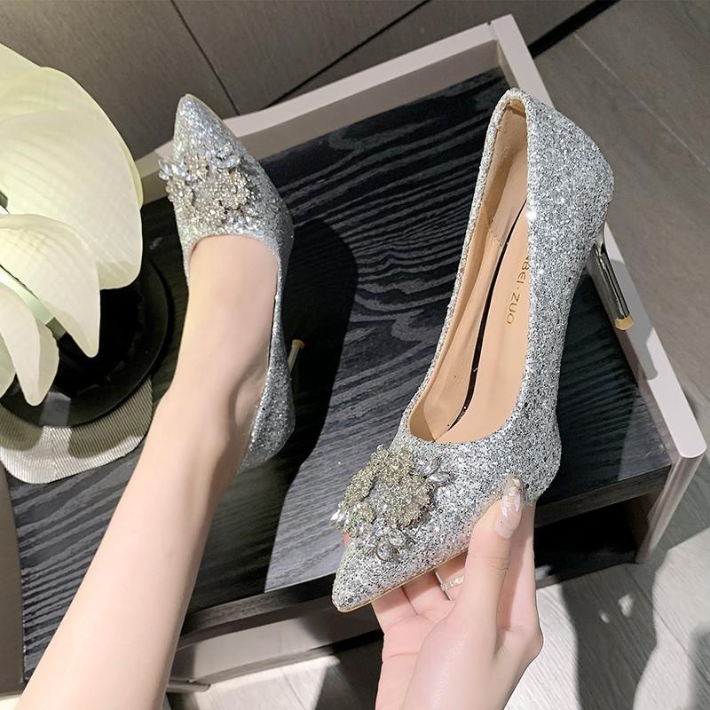 Rhinestone sequins shallow high heels women's 2025 summer new one-pedal women's shoes, thin heels are not tired, and single shoes are worn outsi