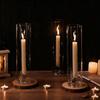 2Pcs Clear Straight Tube Glass Taper Candle Holders Windproof Structure Stable Flame For Garden Patios Event Home Decors