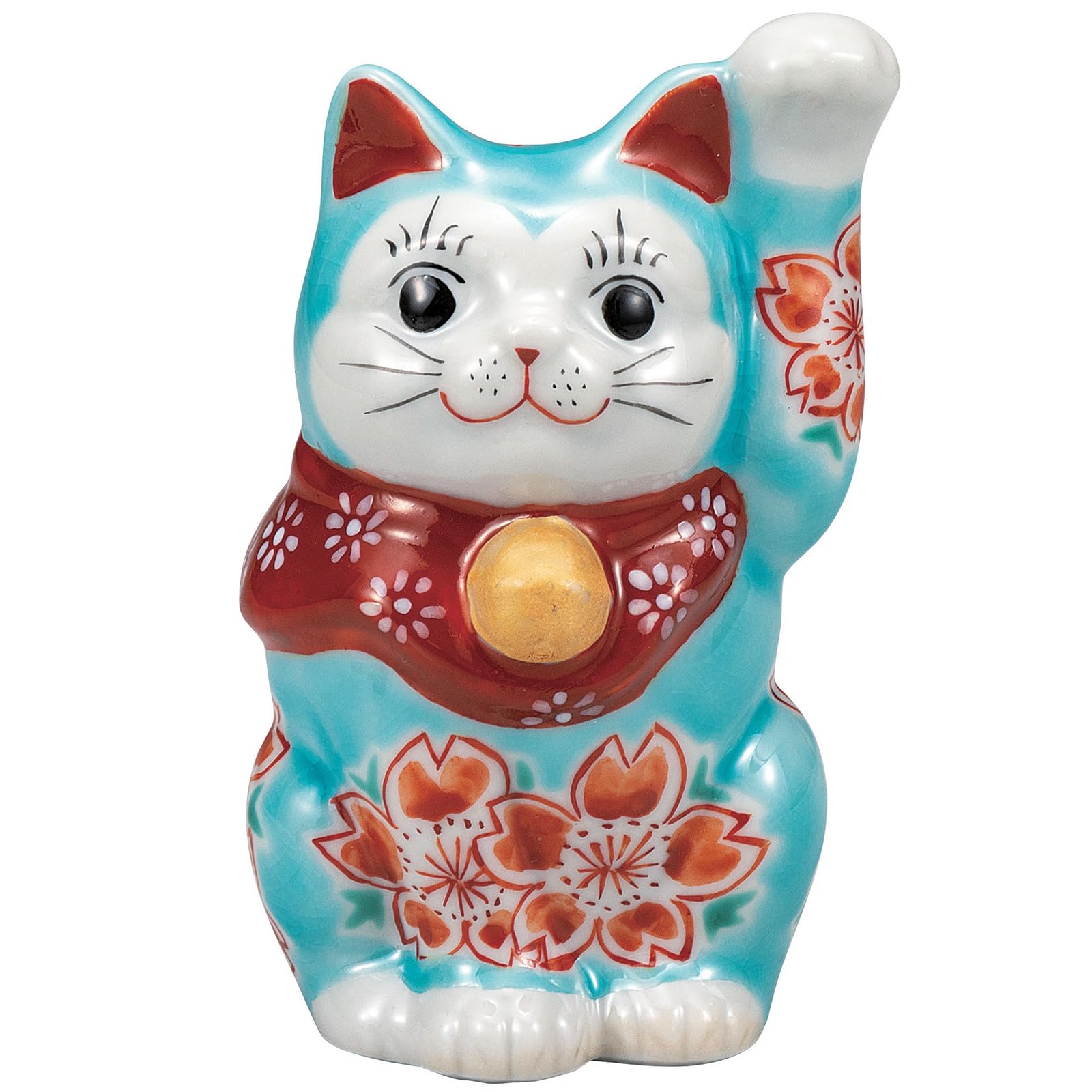 

Kutani Ware Celebrating Business Prosperity and Good Left Approximately 10cm Size with Turkish Blue Glaze and Cherry Maneki-neko Figurine, Fortune, синий