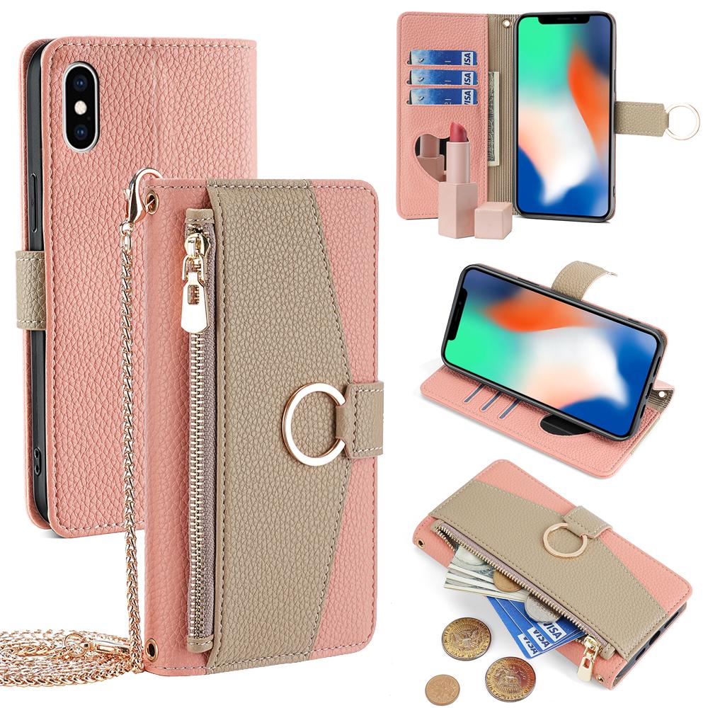 

For iPhone X/XS Leather Case Phone Cover Wallet Card Bag with Mirror and Shoulder Strap A