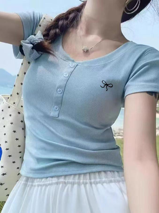 2025 Summer V-neck Bow Embroidery Short-Sleeve T-shirt for Women: Stylish, Slimming, and Versatile Top